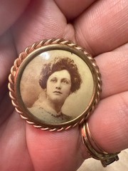 Antique Hand Colored Photo Portrait Brooch Edwardian Brass Pin c.1900–1920