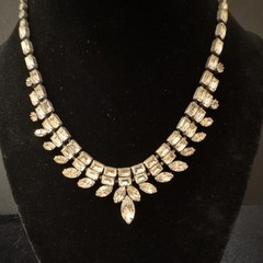 Vintage Clear Rhinestone Statement Tennis Necklace, Box Chain, 15″ Silver Tone
