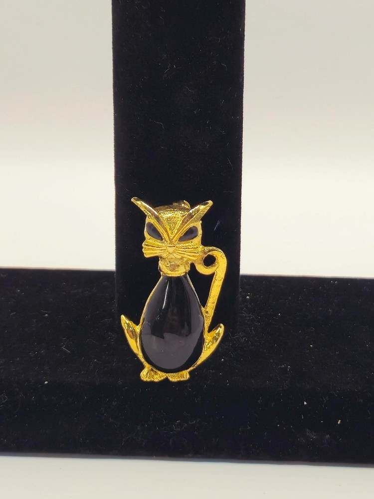 Vintage gold Plate Black Enamel Cloisonne Cat-Kitten Brooch