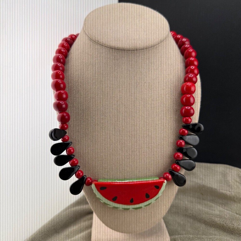 Vintage Flying Colors Necklace Watermelon Ceramic Fruit Summer Picnic 25”