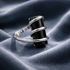 Black Onyx Ring Sterling Silver Modernist Cylinder Geometric Wrap Statement 925