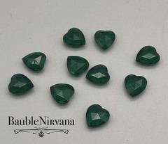 Vintage Heart Shaped Dark Emerald Green Glass Faceted Rhinestones Set 10