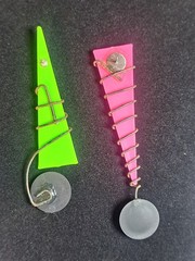Vintage Retro 80s Geometric Cone Earrings Neon Green Pink Black Wire 3.5 Inches