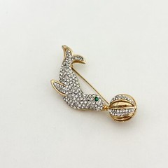 Vintage Clear Rhinestone Green Eyed Seal With Ball Gold Tone Animal Brooch Pin