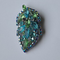 VTG MCM Aque Blue & Lime Green Rhinestone Leaf Brooch Pin (Some AB Finish)