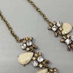 Statement Rhinestone Necklace Gold Tone Bib Tan Acrylic Clear Metallic Glass 18″