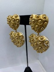 Vintage Gilt Resin Heart Dangle Pierced Earrings Gold Ball Studded 3″ Long Drop