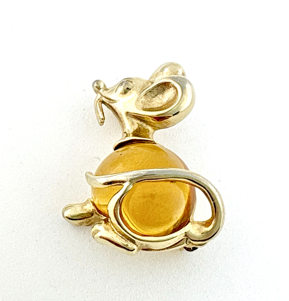 Vintage P&M Paris Jelly Belly Mouse Gold Tone Brooch Pin Signed