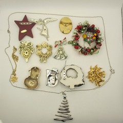 Vintage Christmas Jewelry Lot Angel Snowman Tree Wreath Ornament Star