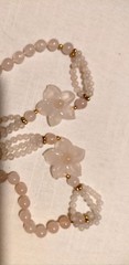 Vintage Pink Rose Quartz Hand Knotted Beaded Necklace With 2 Carved Pink Quartz