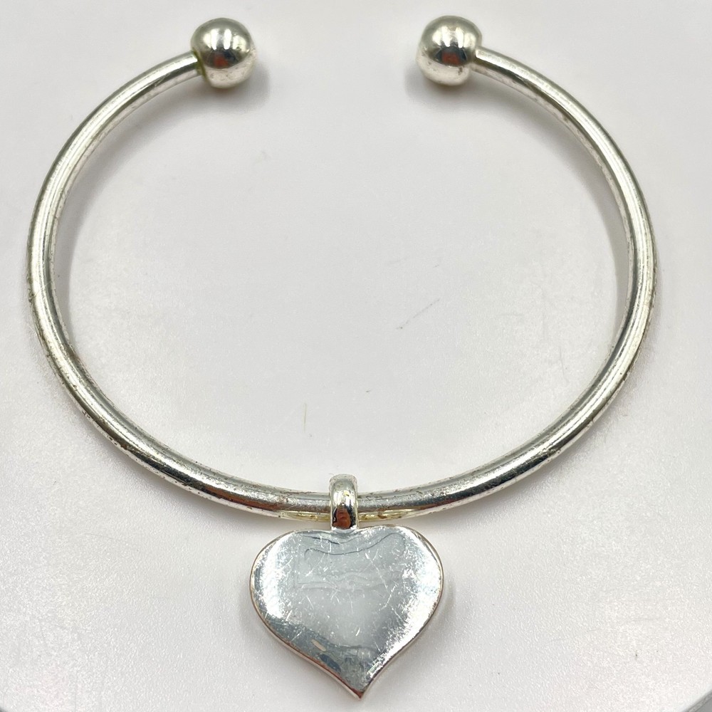 Vintage Y2K Silver Tone Heart Charm Open Cuff Bangle Bracelet Classic Slide