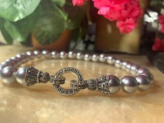 15.5”IN VINTAGE STERLING SILVER & MARCASITE CLASP W 15MM GRAY FAUX PEARLS
