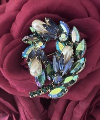 Vintage Blue Green Gold Tone Leaf Crystal Spray Navette Pearl Peacock AB Brooch