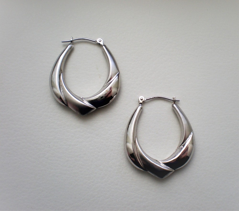 Vintage Designer Solid 14K White Gold Hoop Pierced Dangle Drop Earrings 14kt