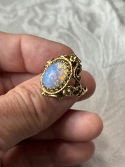 Vintage 18K Signed H.G.E. Victorian Style Faux Fire Opal Solitaire Band Ring 7