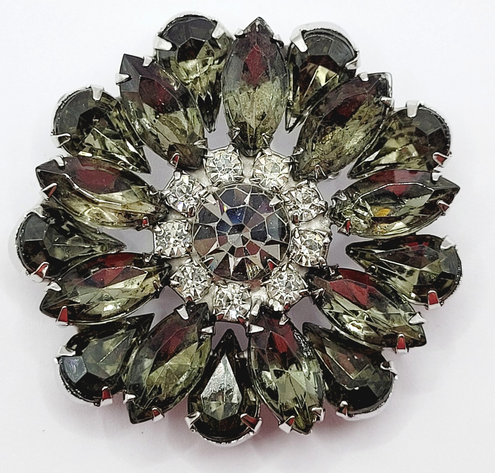 Possible D&E Juliana Green Smoky Navette Rhinestone Starburst Brooch Unsigned