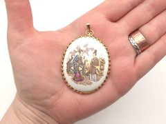 Vintage Porcelain Asian Japanese Couple Scene Gold Tone Large Oval Pendant