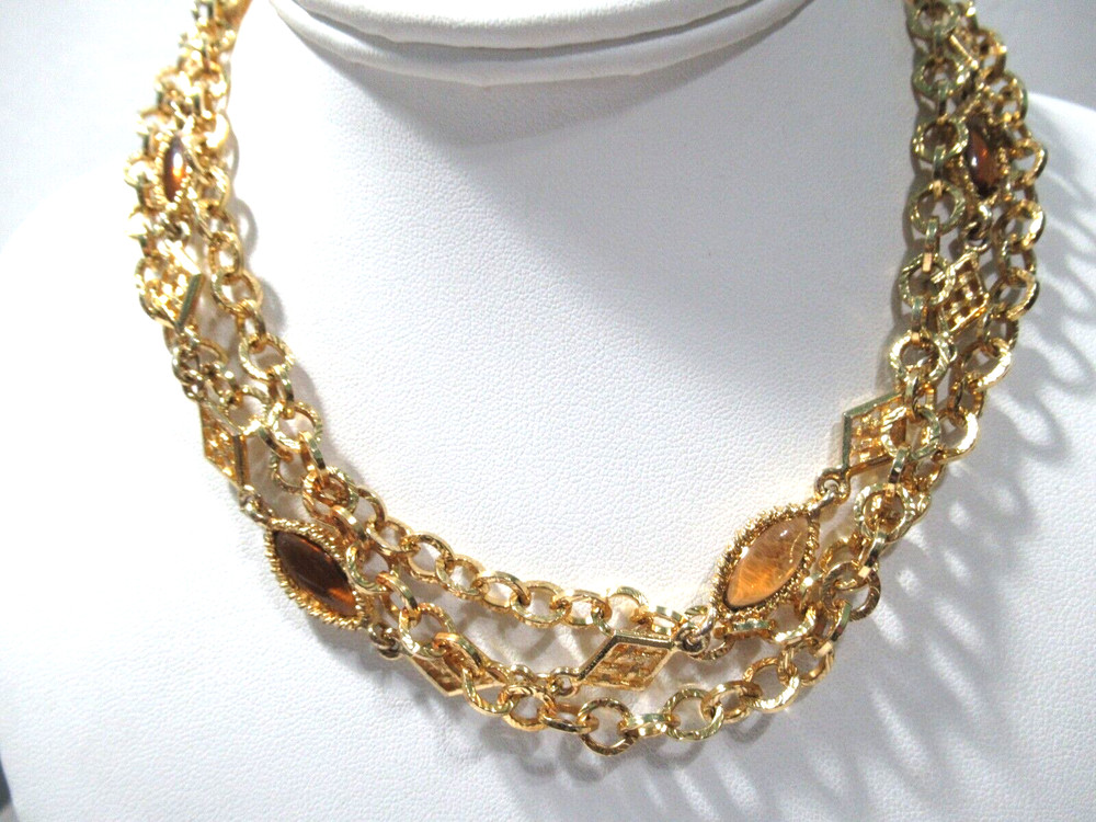 Vintage Necklace Gold Tone Chain with Yellow and Brown Accents