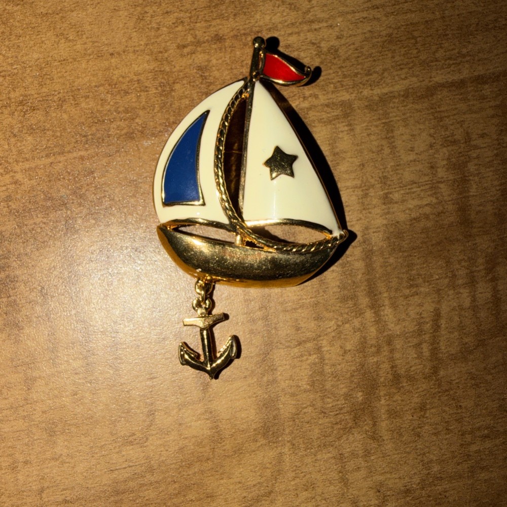 Gold-Tone Enamel AVON Sailboat Pin Brooch Red White Blue Dangle Anchor Star