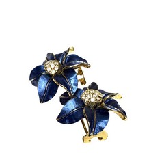 Vintage Blue Gold Flower Clip-On Earrings Rhinestone Center Statement Jewelry