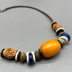 Bakelite Beaded Necklace Boho Wood Bone Glass Mixed Media Statement Vintage