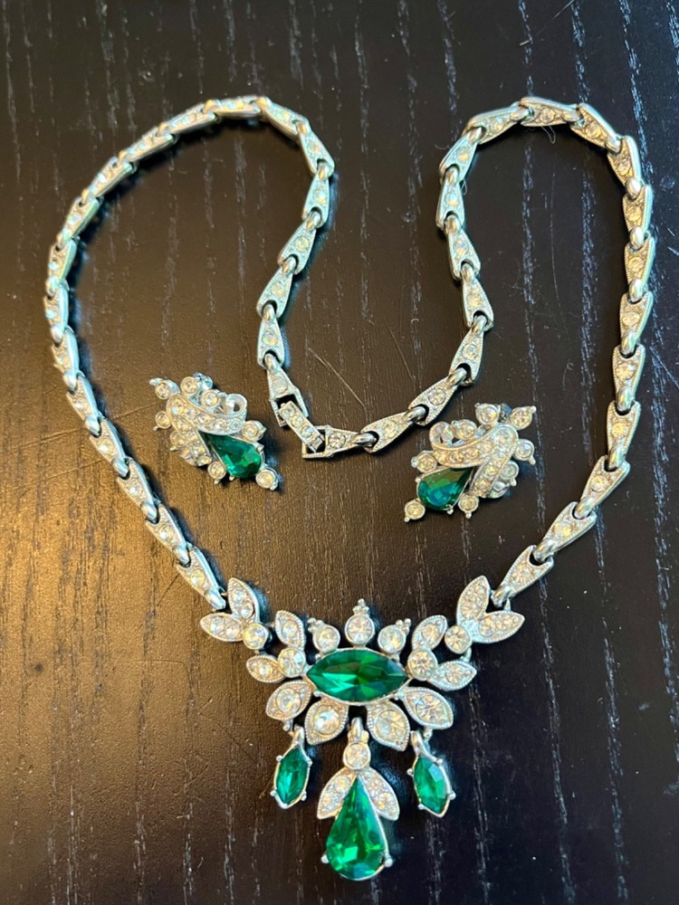 Beautiful Antique Vintage ORA 1930’s Necklace Earrings Emerald Rhinestones