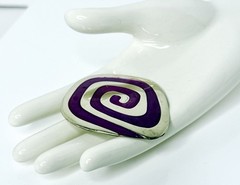 Vintage Mexican Alpaca Silver Enamel Brooch Purple Spiral Modernist Signed