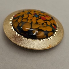 Vintage Round Art Glass Brooch Gold Tone Yellow Multi Color Mosaic MCM Retro Pin