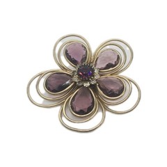 Flower Brooch Purple White Crystal Gold tone Wire Vintage 2.25 in