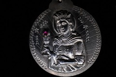 Vintage Sterling Silver St Barbara Pendant Ruby Gem 1 oz 30g Religious Medallion