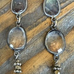 VINTAGE FACETED MOONSTONE RUTILATED & CLEAR QUARTZ LONG DROP DANGLE EARRINGS
