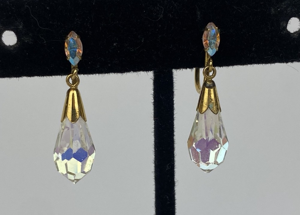 VTG 1/20 12K Gold Filled Screw Back Earrings Aurora Borealis Dangle JMS