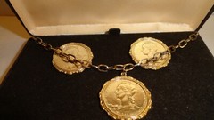 VTG Erwin Pearl Gold Tone Coin Necklace Clip On Earrings Set in box gold plated