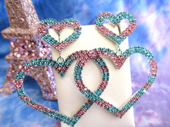 Big Rhinestone PINK & BLUE Hollow Hearts Earrings Pierced Valentine Hearts NWT