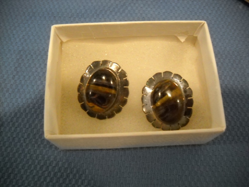 Vintage Sterling Silver & TIGER EYE EARRINGS