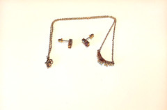 Vintage Garnet & Cubic Zirconia Pendant & Earring Set Gold Plate Jewelry