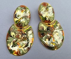 Vintage Abstract Swirl Earrings Enamel Gold Tone Pierced Green Browns