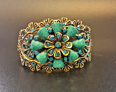 Victorian Style Filigree Cuff Bracelet Wide Blue Rhinestone Faux Turquoise