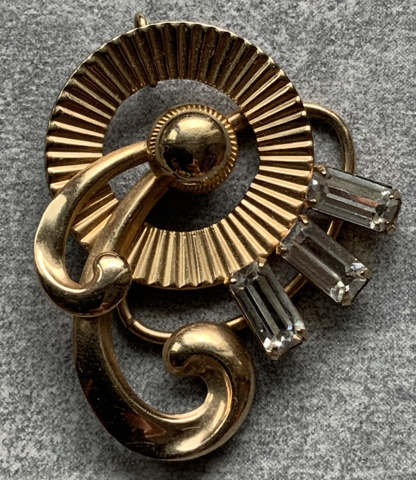 Van Dell ART DECO NOUVEAU 12K GF Brooch/Pendant Goldtone Rhinestones Numbered