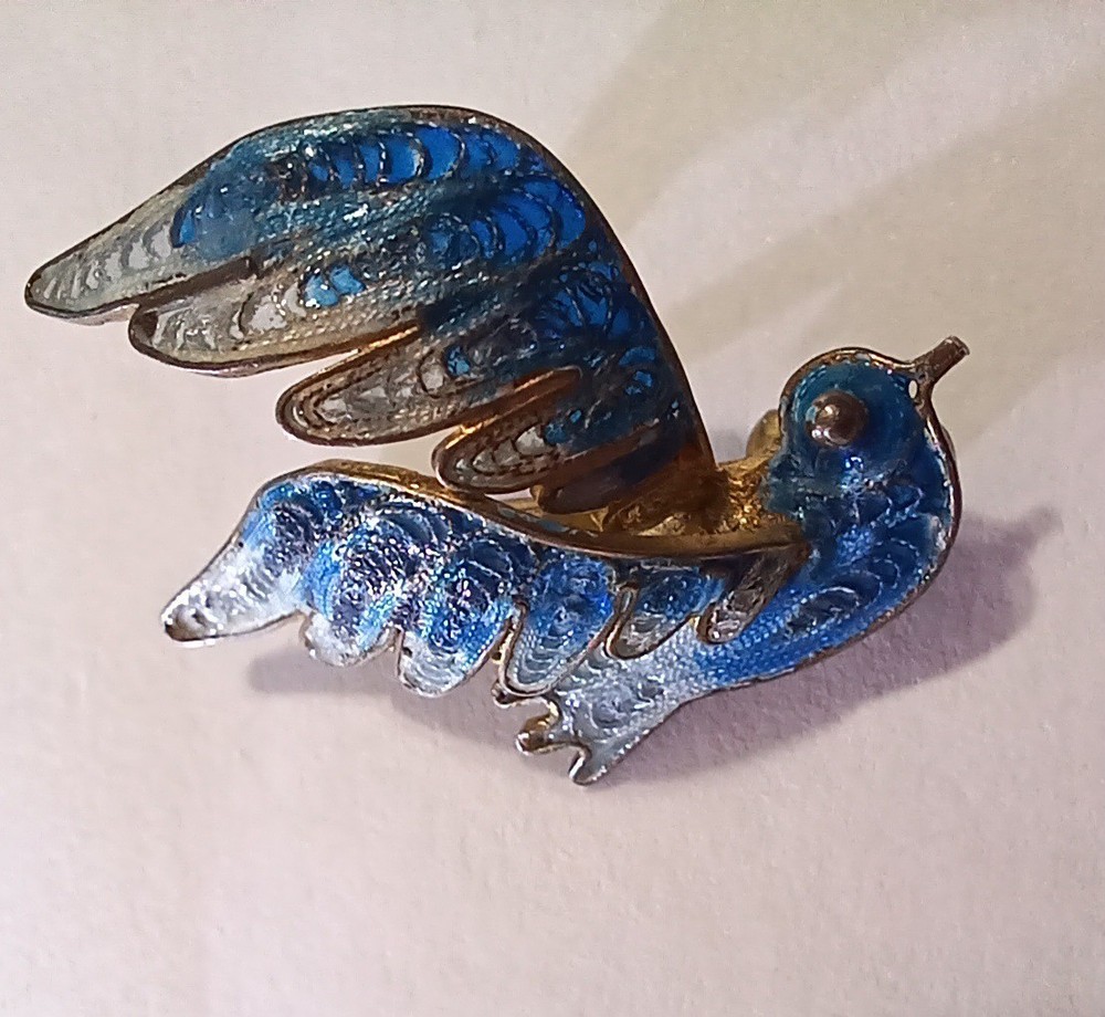 Vintage 800 Silver Filigree Plique A Jour Enamel Blue Bird Pin Brooch