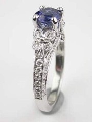 Vintage Art Deco Blue Sapphire & Lab Created Diamond Engagement 925 Silver Ring