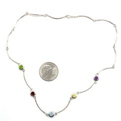 Vtg Sign 925 Sterling Silver Station Multi Stone Petite Collar Link Necklace 17