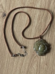 Vintage Tica Rosa Green Carved Stone Flower Pendant Necklace Brown Leather Cord
