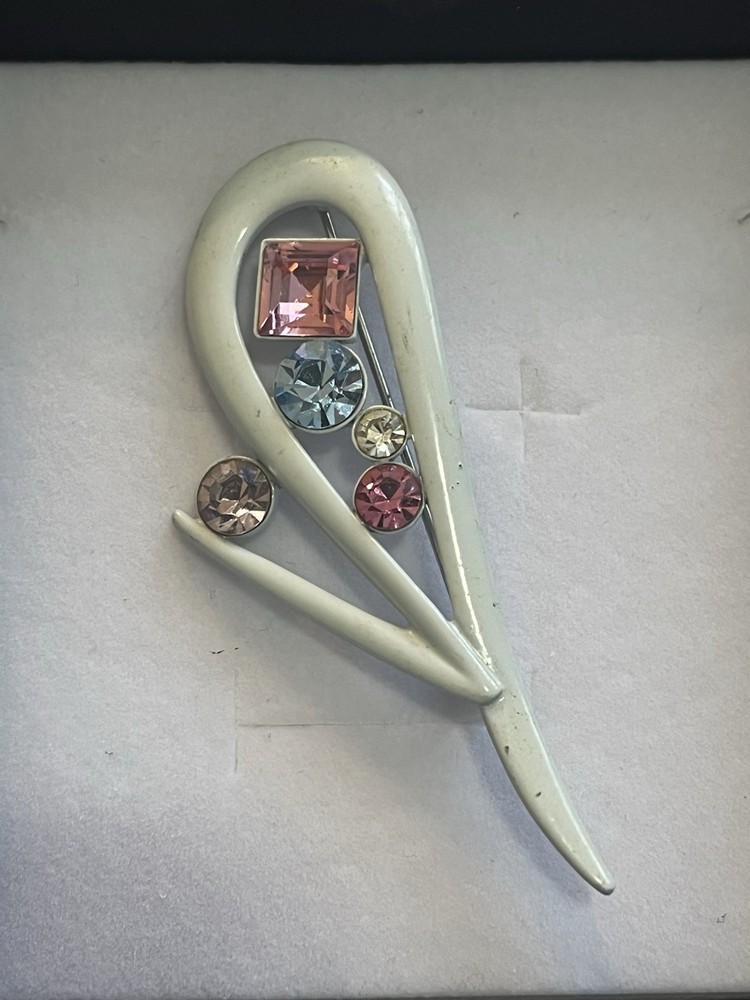 Vintage White Enamel Rhinestone Brooch Pin Pastel Multi-Color Art Deco Abstract