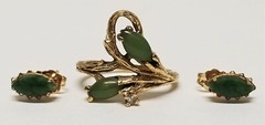 Vintage Green Jade Diamond 14K Yellow Gold Ring & Small Stud Earrings SET SZ 5.5