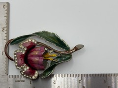 Vintage Coro Unsigned Enamel Pot Metal Rhinestone Flower Brooch Pin READ