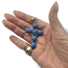 Vintage MWS Sterling Silver Howlite Cabochon CROSS Pendant 2” 12g Mexico EUC