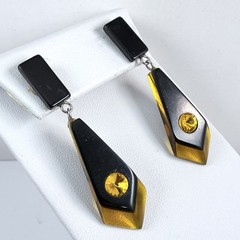 Vintage Black & Golden Color Lucite Rhinestone Dangle Pierced Earrings
