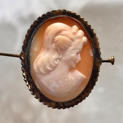 CAMEO brooch antique pink white trombone clasp brass frame heavy verdigris