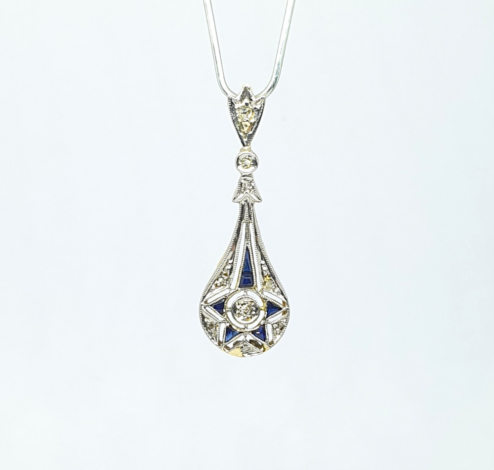 Art Deco Sapphire Diamond Drop Pendant 18K Yellow Gold – 751